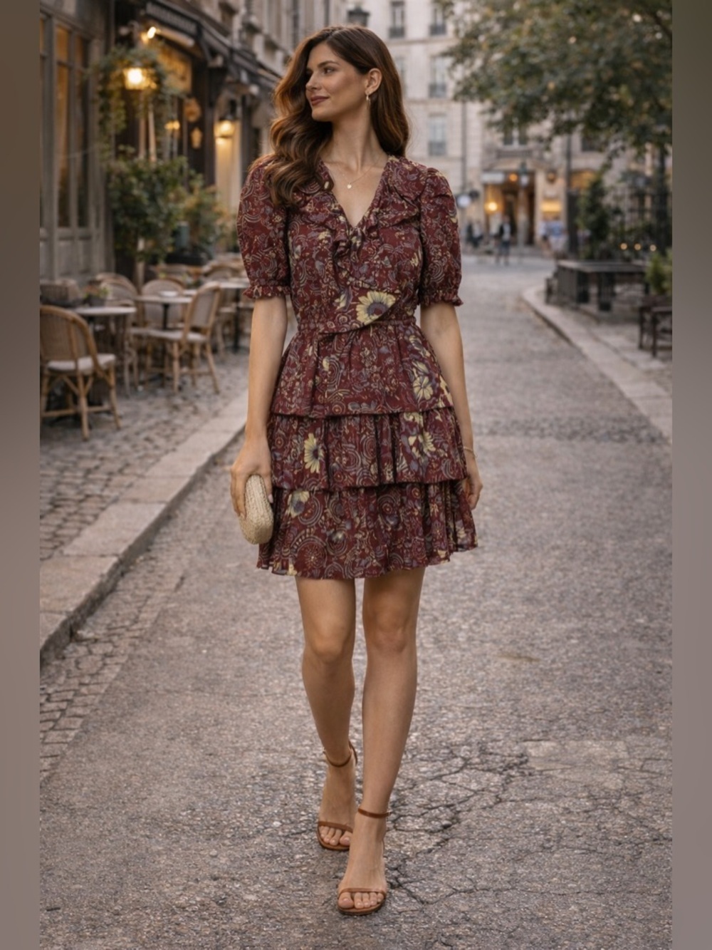 Ulla Johnson Purple Floral Ruffle Mini Dress Sz 2 Boho Romantic